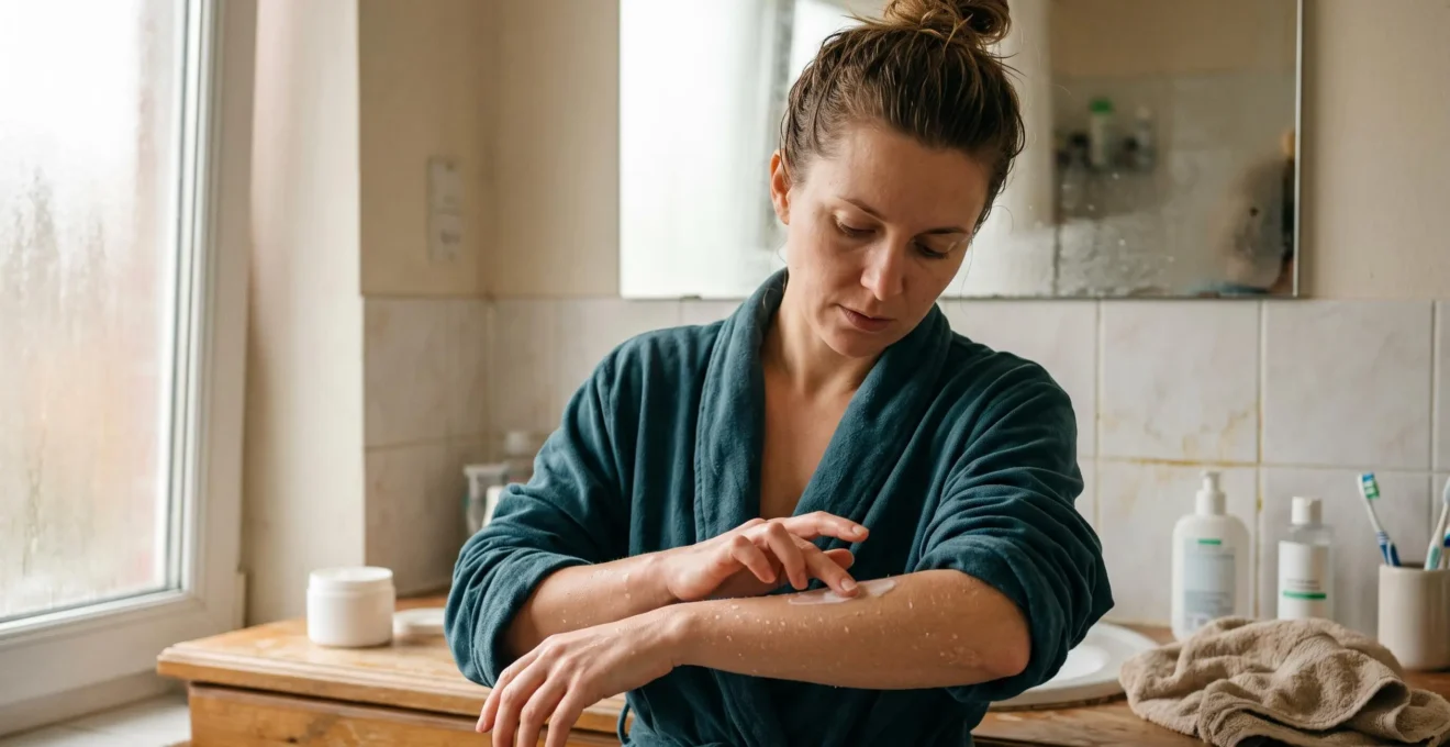 Une femme applique un baume nourrissant sur son avant-bras encore humide dans une salle de bain.