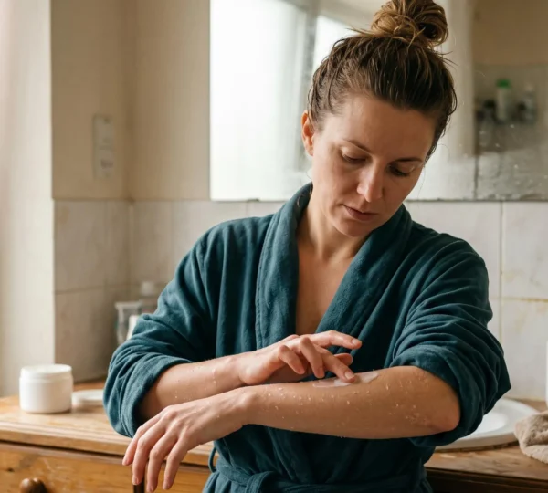 Une femme applique un baume nourrissant sur son avant-bras encore humide dans une salle de bain.