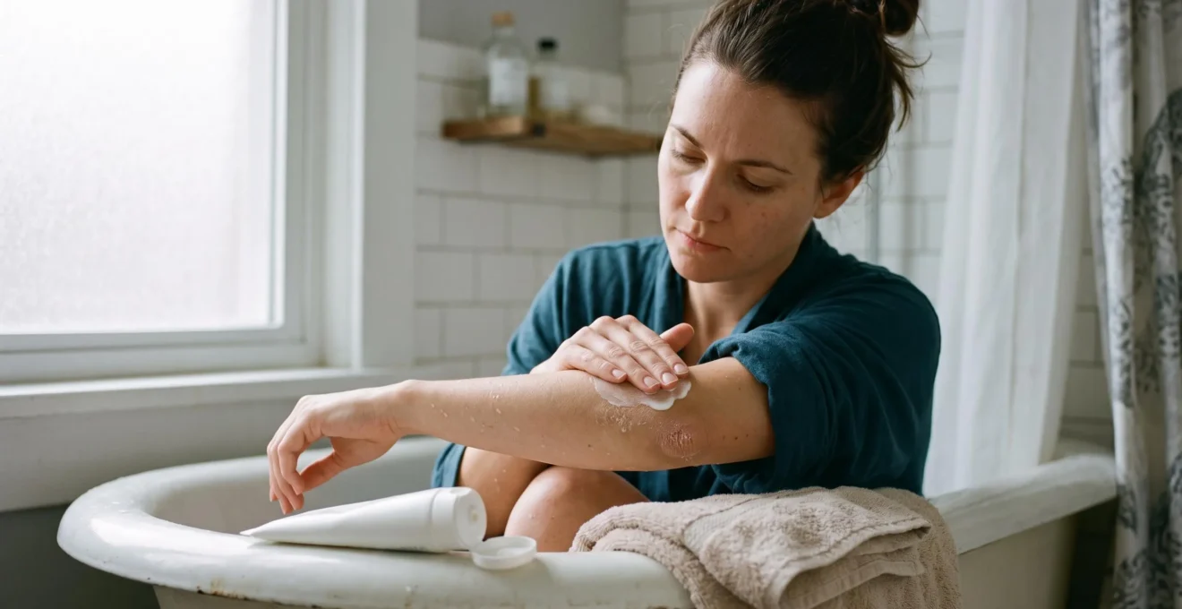 Une femme assise au bord d'une baignoire applique une crème nourrissante sur son coude sec après la douche, avec un tube de crème et une serviette à proximité.