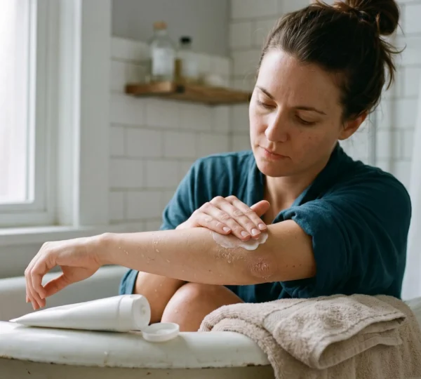 Une femme assise au bord d'une baignoire applique une crème nourrissante sur son coude sec après la douche, avec un tube de crème et une serviette à proximité.