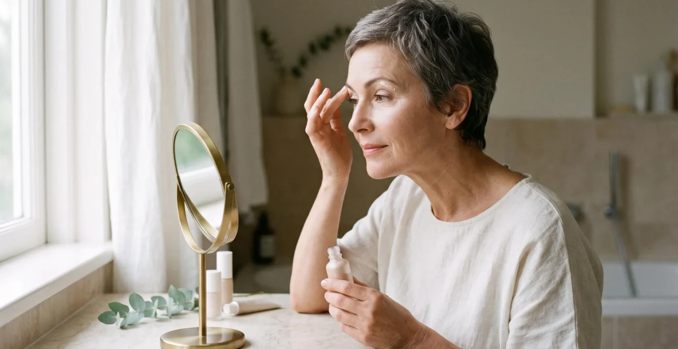 Une femme d'environ 55 ans applique une touche d'enlumineur liquide sous son arcade sourcilière avec le bout du doigt, face à un miroir de coiffeuse près d'une fenêtre.