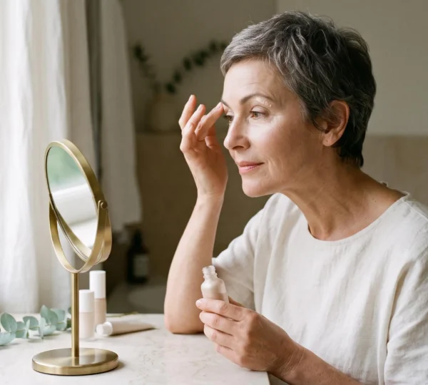 Une femme d'environ 55 ans applique une touche d'enlumineur liquide sous son arcade sourcilière avec le bout du doigt, face à un miroir de coiffeuse près d'une fenêtre.