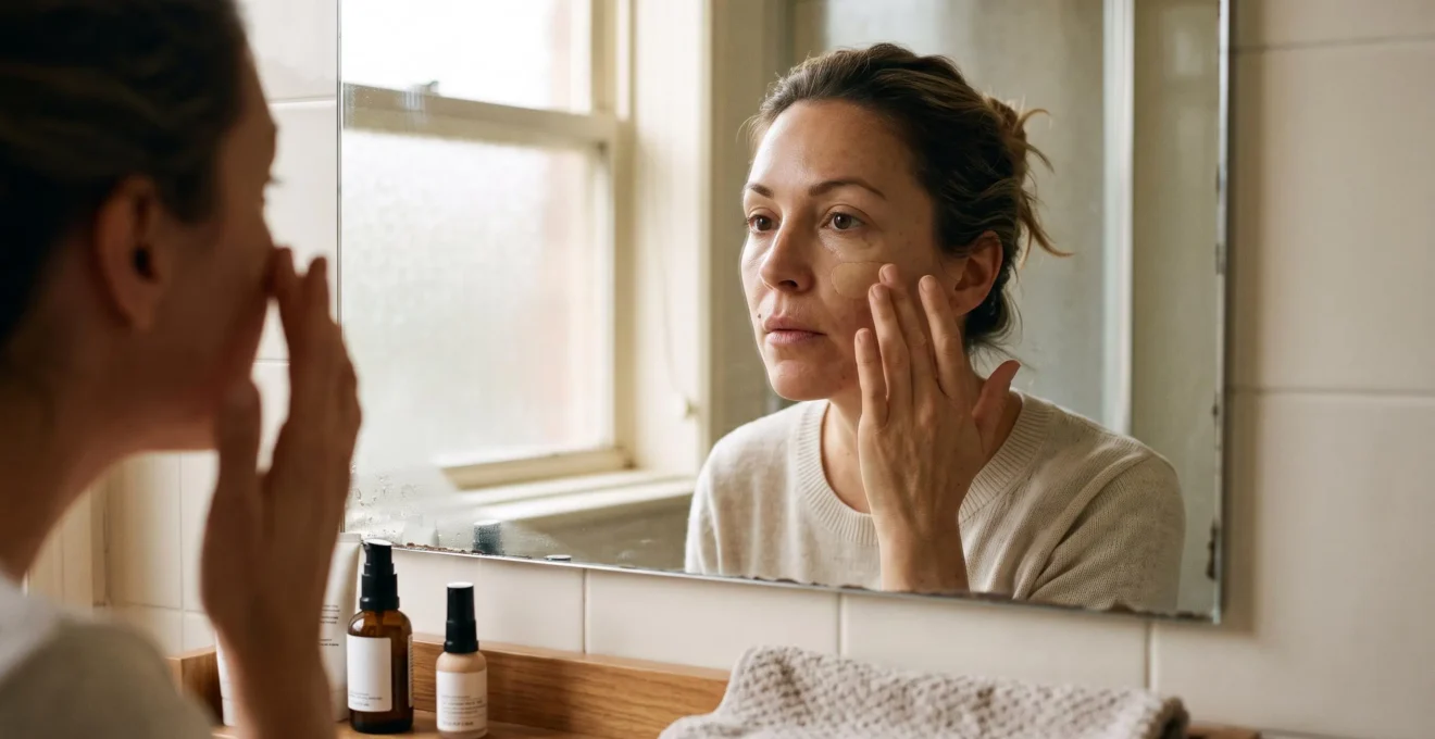 Une femme applique un fond de teint léger du bout des doigts devant un miroir de salle de bain, en lumière naturelle du matin.