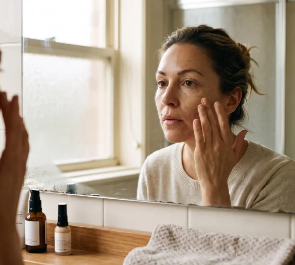 Une femme applique un fond de teint léger du bout des doigts devant un miroir de salle de bain, en lumière naturelle du matin.
