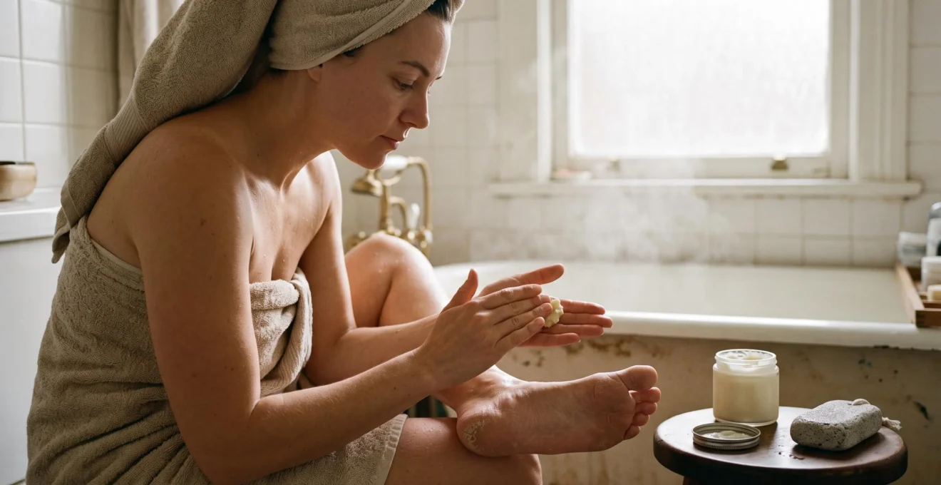 Une femme fait fondre du beurre de karité entre ses paumes avant de l'appliquer en fine couche sur son talon très sec dans une salle de bain.