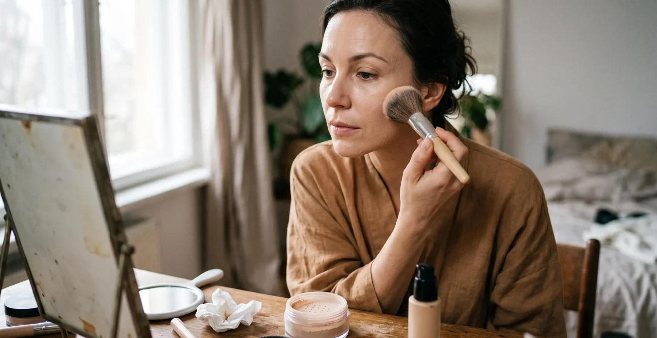 Une femme applique une poudre minérale libre au pinceau duveteux sur sa joue devant un miroir de coiffeuse en lumière naturelle.