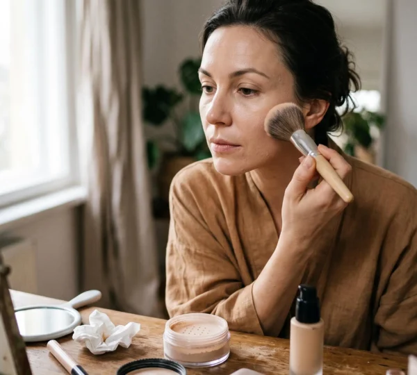 Une femme applique une poudre minérale libre au pinceau duveteux sur sa joue devant un miroir de coiffeuse en lumière naturelle.