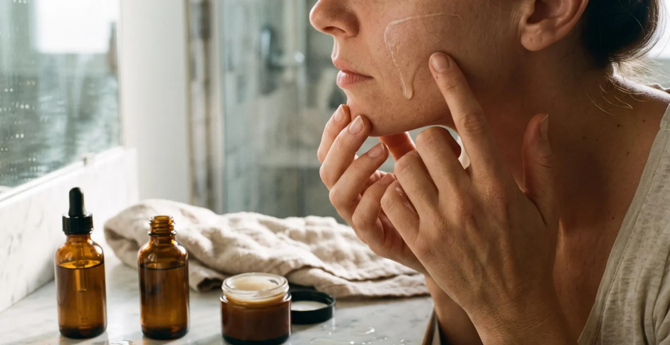 Une femme applique du sérum du bout des doigts sur une joue dans une salle de bain, une crème encore visible sur l'autre joue.