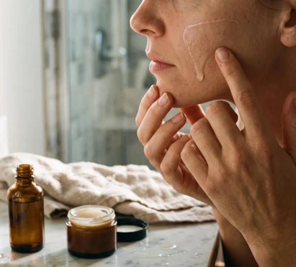 Une femme applique du sérum du bout des doigts sur une joue dans une salle de bain, une crème encore visible sur l'autre joue.