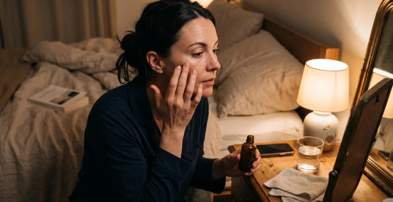 Une femme applique un sérum de nuit sur sa joue devant son miroir dans une chambre faiblement éclairée, avant d'aller se coucher.