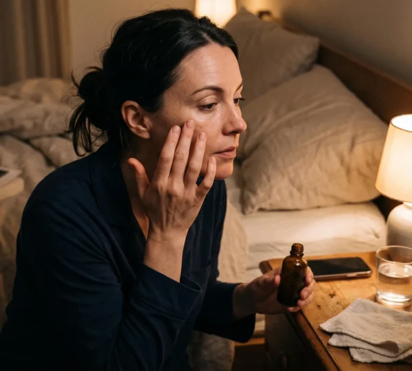 Une femme applique un sérum de nuit sur sa joue devant son miroir dans une chambre faiblement éclairée, avant d'aller se coucher.