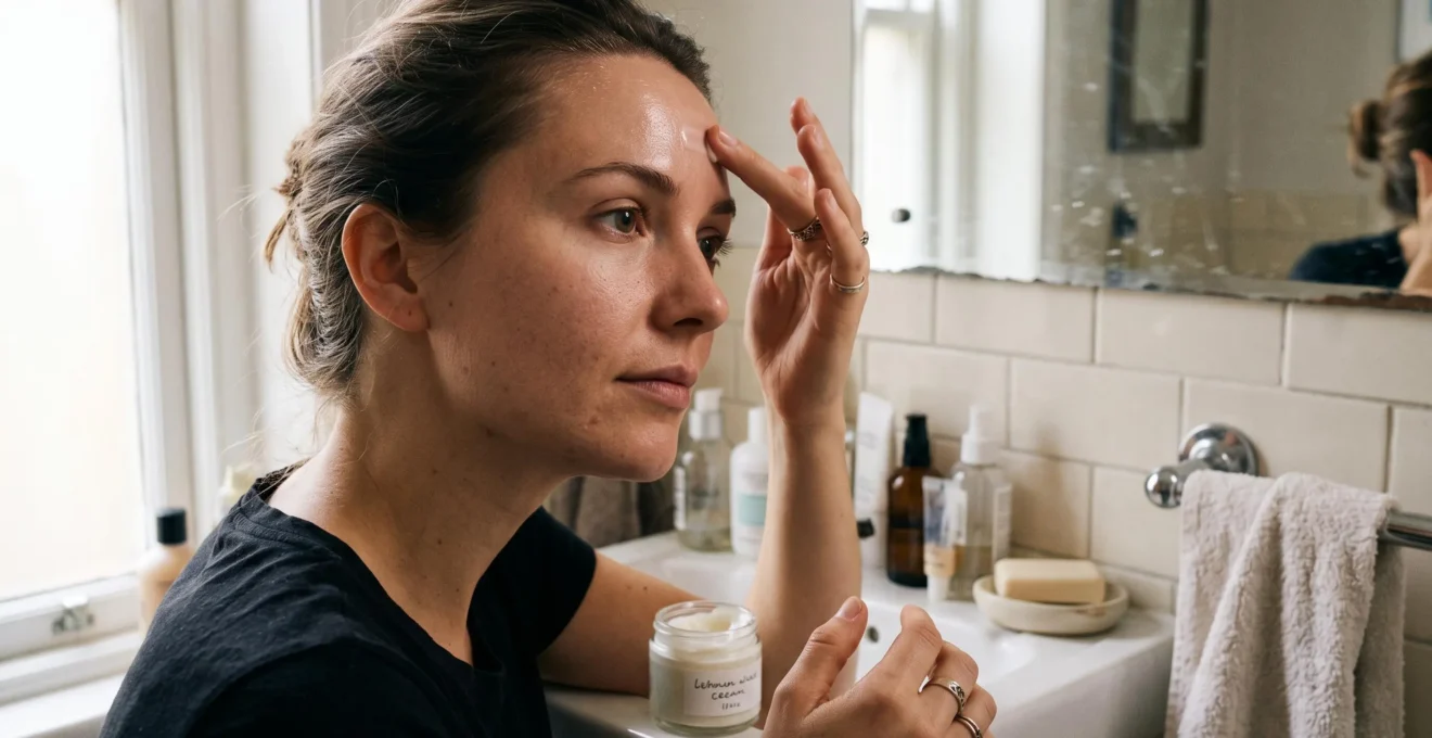 Une femme applique du bout des doigts un soin matifiant sur son front, avec une crème pour les joues posée sur le bord du lavabo.
