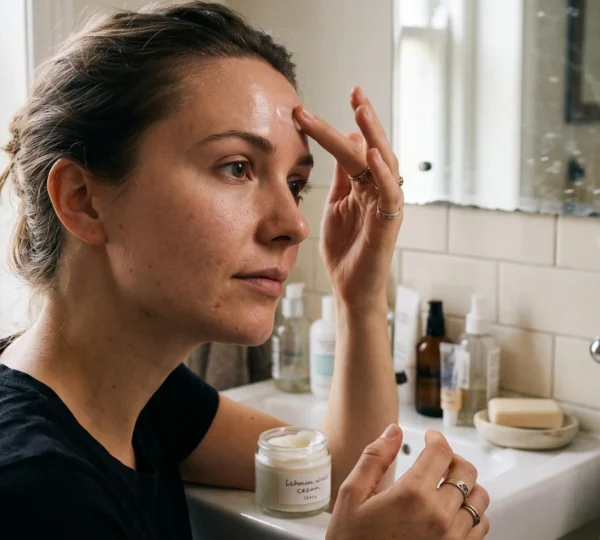 Une femme applique du bout des doigts un soin matifiant sur son front, avec une crème pour les joues posée sur le bord du lavabo.