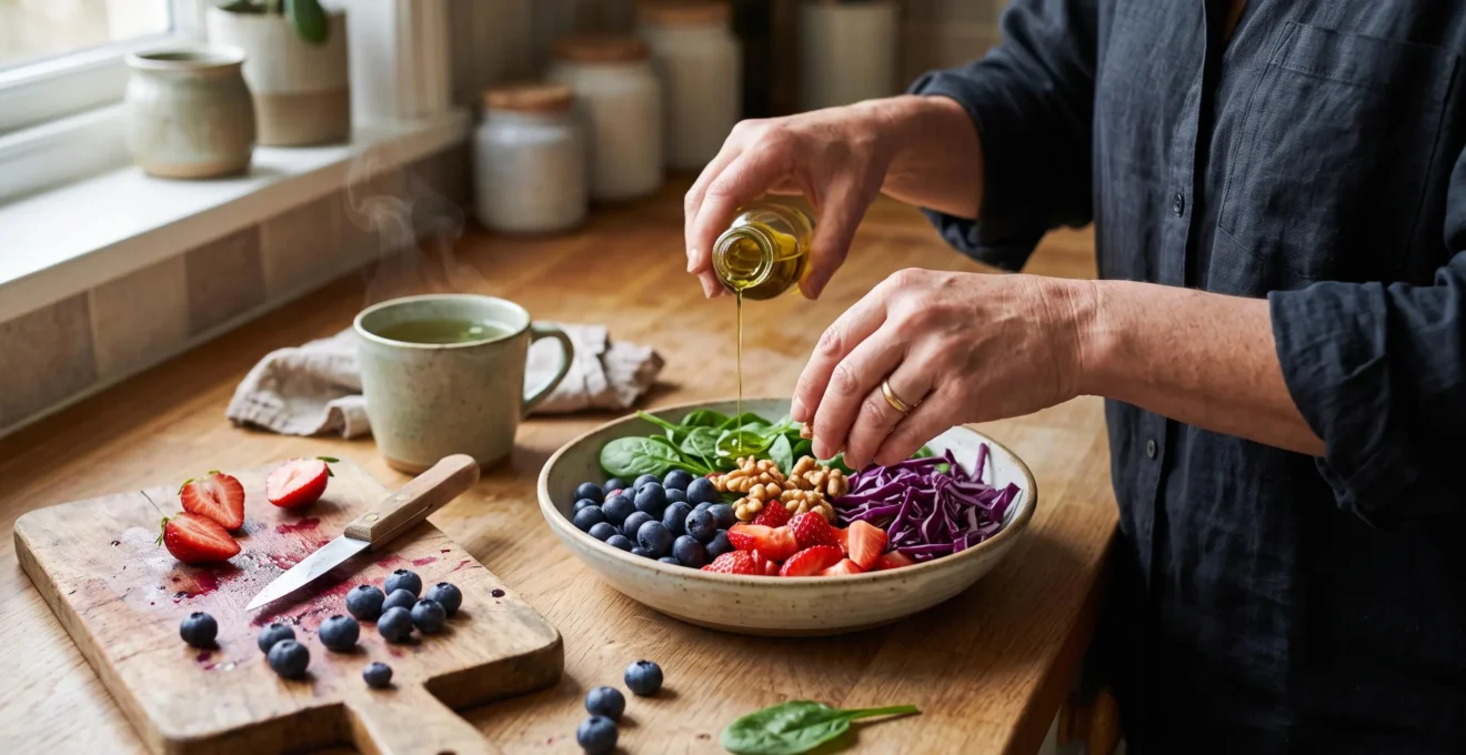 Une femme compose un bol coloré de fruits rouges, épinards, chou rouge, noix et huile d'olive sur un plan de travail de cuisine en bois.