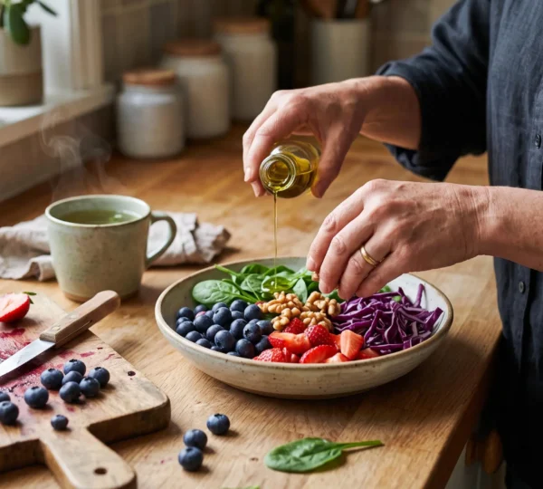 Une femme compose un bol coloré de fruits rouges, épinards, chou rouge, noix et huile d'olive sur un plan de travail de cuisine en bois.