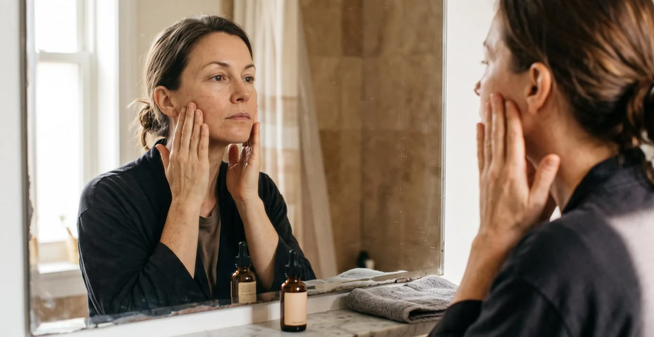 Une femme réalise un auto-massage lifting du visage devant son miroir de salle de bain le matin.