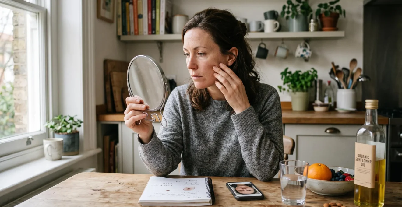 Une femme s'examine la peau devant un miroir à main, une assiette de fruits et des graines posées sur la table de la cuisine.