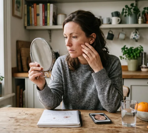 Une femme s'examine la peau devant un miroir à main, une assiette de fruits et des graines posées sur la table de la cuisine.