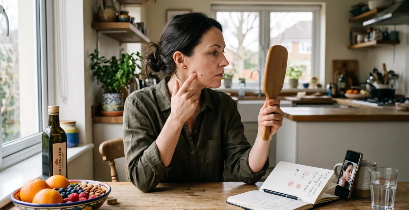 Une femme s'examine la peau devant un miroir à main, une assiette de fruits et des graines posées sur la table de la cuisine.