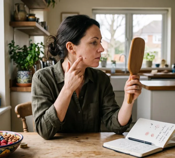 Une femme s'examine la peau devant un miroir à main, une assiette de fruits et des graines posées sur la table de la cuisine.