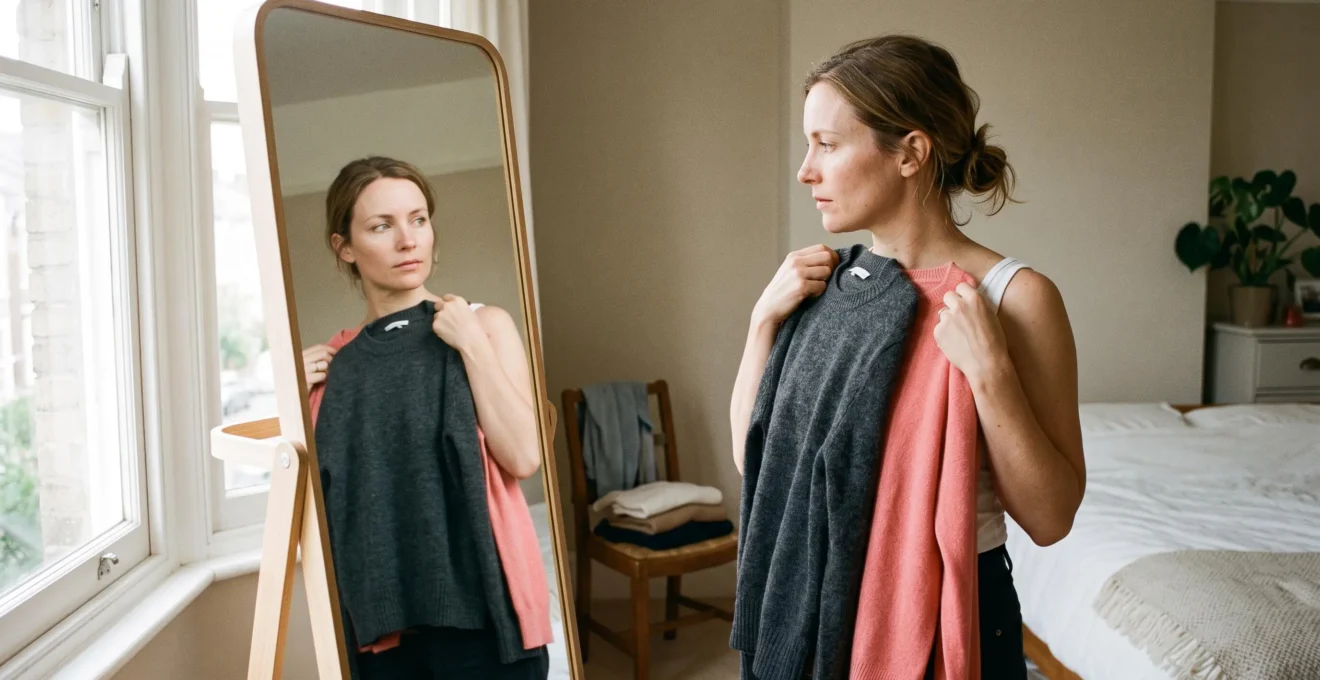 Une femme compare l'effet de deux pulls de couleurs différentes sur son teint devant un miroir, en lumière naturelle près d'une fenêtre.