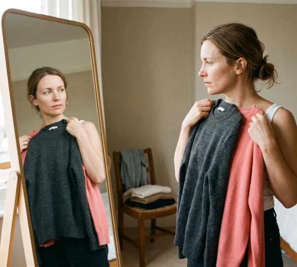 Une femme compare l'effet de deux pulls de couleurs différentes sur son teint devant un miroir, en lumière naturelle près d'une fenêtre.