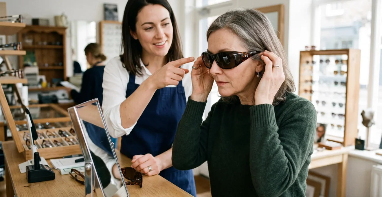 Une femme essaie des lunettes de soleil enveloppantes chez un opticien pendant qu'un professionnel lui indique la couverture latérale de la monture.