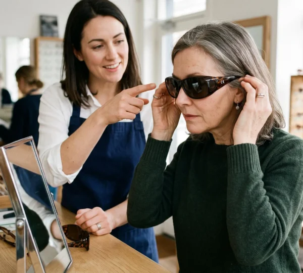 Une femme essaie des lunettes de soleil enveloppantes chez un opticien pendant qu'un professionnel lui indique la couverture latérale de la monture.
