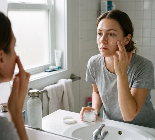 Une femme applique une petite quantité de gel hydratant translucide sur sa joue devant le miroir d'une salle de bain éclairée par la lumière du matin.