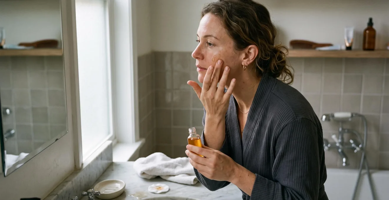 Une femme d'environ trente-cinq ans applique des gouttes de sérum vitamine C sur sa joue devant un miroir de salle de bain, le matin.