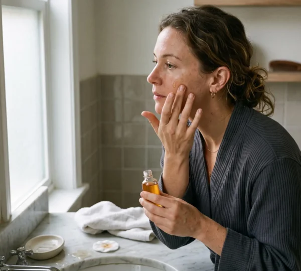 Une femme d'environ trente-cinq ans applique des gouttes de sérum vitamine C sur sa joue devant un miroir de salle de bain, le matin.