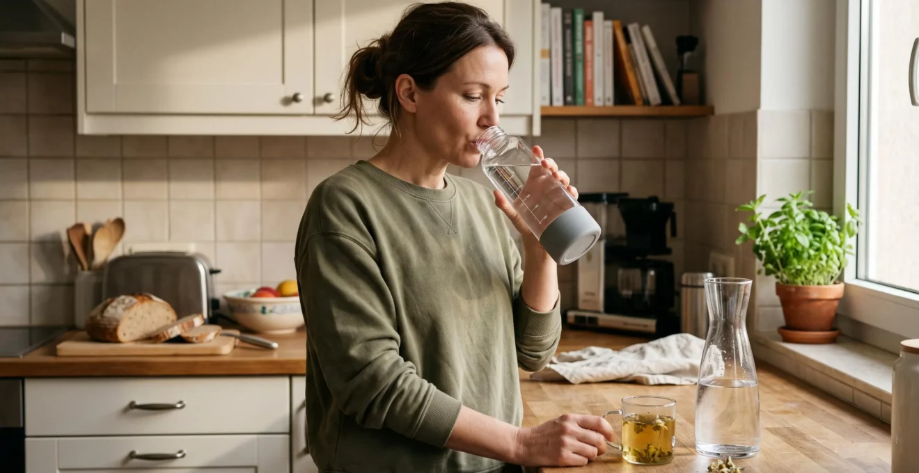 Une femme boit dans une grande bouteille graduée posée sur le plan de travail de sa cuisine le matin.