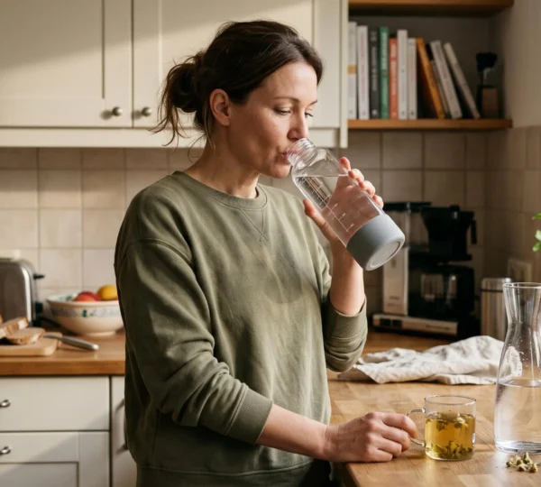 Une femme boit dans une grande bouteille graduée posée sur le plan de travail de sa cuisine le matin.