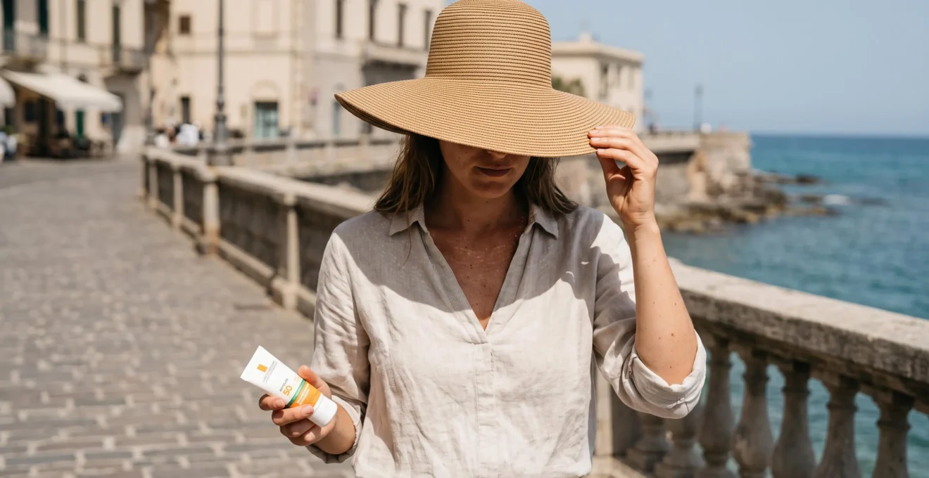 Une femme ajuste un chapeau à larges bords sur une promenade ensoleillée tout en tenant un tube de crème solaire.