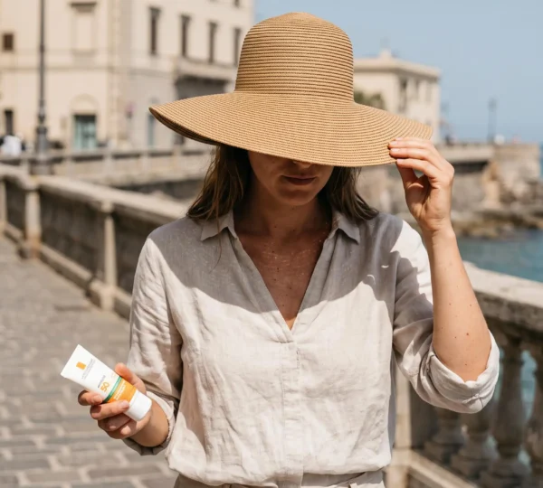 Une femme ajuste un chapeau à larges bords sur une promenade ensoleillée tout en tenant un tube de crème solaire.
