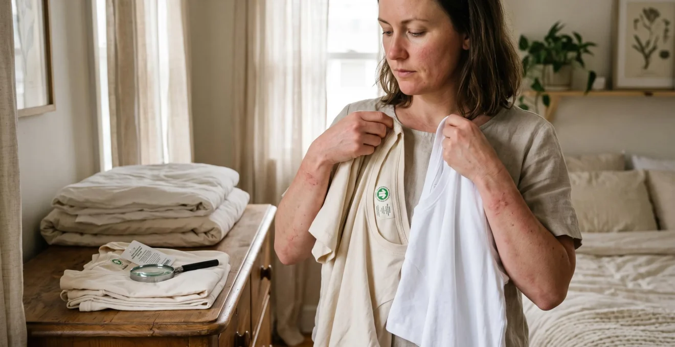 Une femme compare un t-shirt en coton écru certifié et un t-shirt blanc classique dans sa chambre, en examinant les étiquettes cousues des deux vêtements.