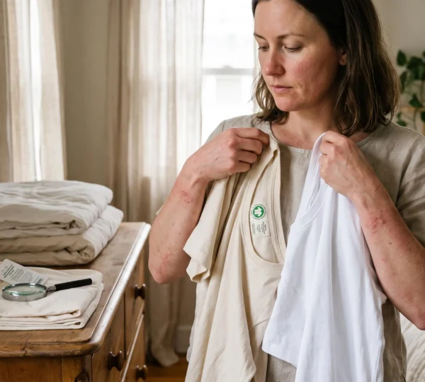 Une femme compare un t-shirt en coton écru certifié et un t-shirt blanc classique dans sa chambre, en examinant les étiquettes cousues des deux vêtements.