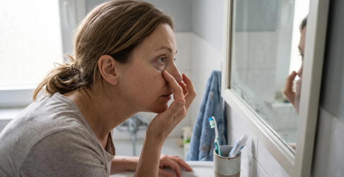 Une femme examine un cerne violet sous son œil en tirant délicatement la peau devant un miroir de salle de bain.