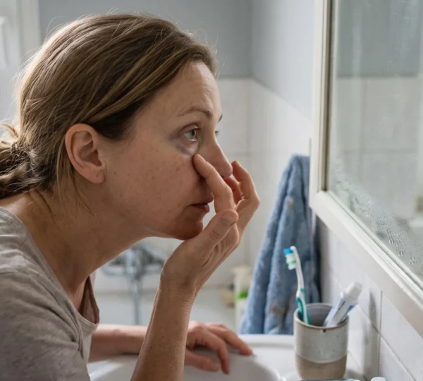 Une femme examine un cerne violet sous son œil en tirant délicatement la peau devant un miroir de salle de bain.