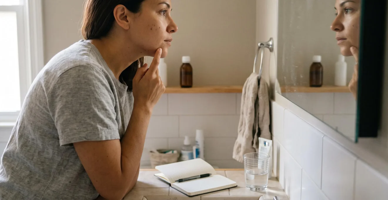 Une femme examine la peau de sa mâchoire devant un miroir de salle de bain, un carnet posé près du lavabo.