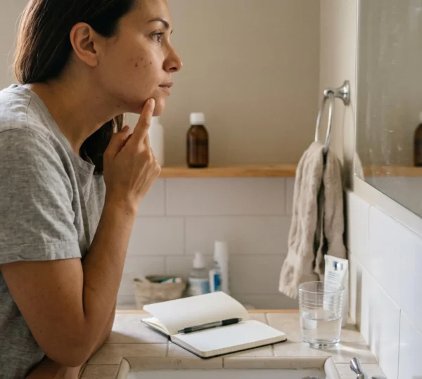 Une femme examine la peau de sa mâchoire devant un miroir de salle de bain, un carnet posé près du lavabo.