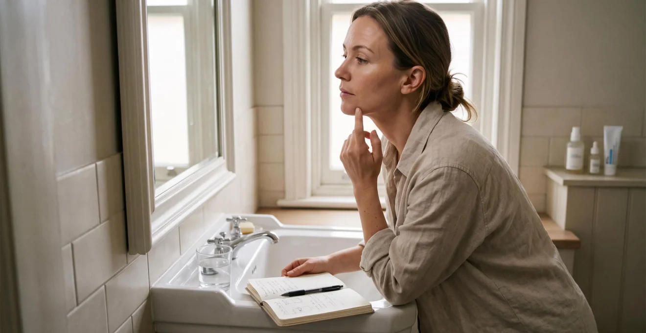 Une femme examine la peau de sa mâchoire devant un miroir de salle de bain, un carnet posé près du lavabo.