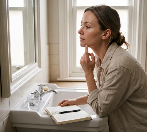 Une femme examine la peau de sa mâchoire devant un miroir de salle de bain, un carnet posé près du lavabo.