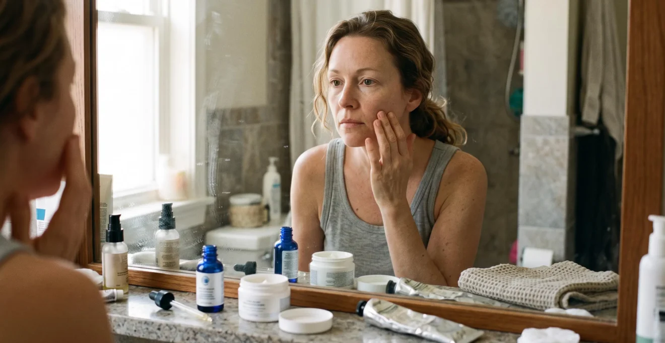 Une femme examine sa peau à nu devant le miroir de sa salle de bain, entourée de plusieurs produits de soins ouverts sur le plan de vasque.