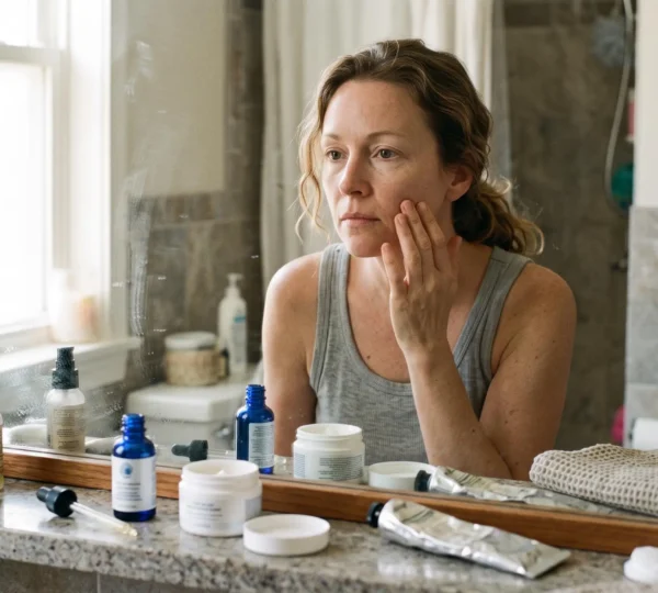 Une femme examine sa peau à nu devant le miroir de sa salle de bain, entourée de plusieurs produits de soins ouverts sur le plan de vasque.