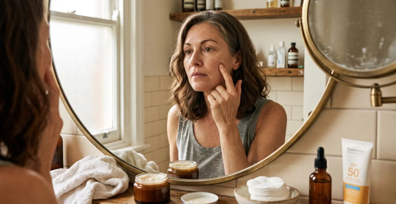 Une femme d'environ quarante-cinq ans examine la texture de sa peau devant le miroir de sa salle de bain, des soins de visage posés sur le plan de toilette.