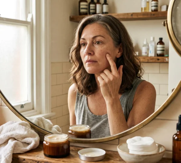 Une femme d'environ quarante-cinq ans examine la texture de sa peau devant le miroir de sa salle de bain, des soins de visage posés sur le plan de toilette.
