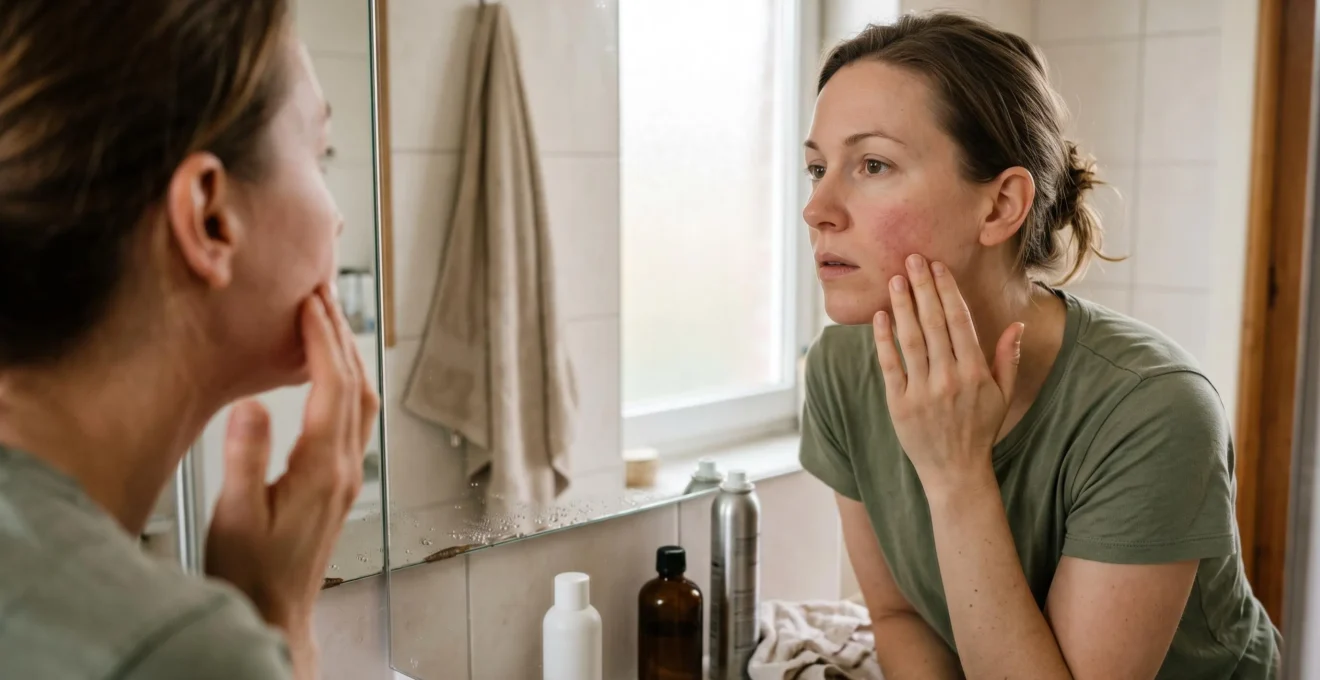 Une femme examine une légère rougeur sur sa joue en touchant sa peau devant un miroir de salle de bain