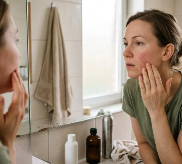 Une femme examine une légère rougeur sur sa joue en touchant sa peau devant un miroir de salle de bain