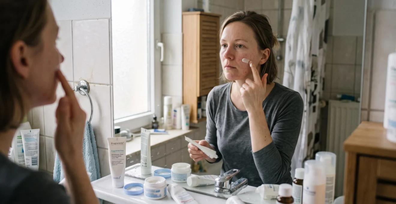 Une femme au teint réactif applique une petite quantité de crème sans parfum sur sa joue devant le miroir de sa salle de bain, entourée de plusieurs soins entamés.